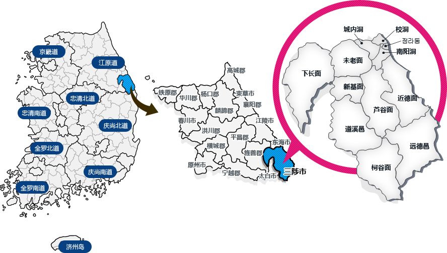 江原道在韩半岛的位置, 三陟市在江原道的位置, 三陟市放大地图