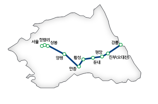 서울-청량리-상봉-양평-만종-횡성-둔내-평창-진부(오대산)-강릉